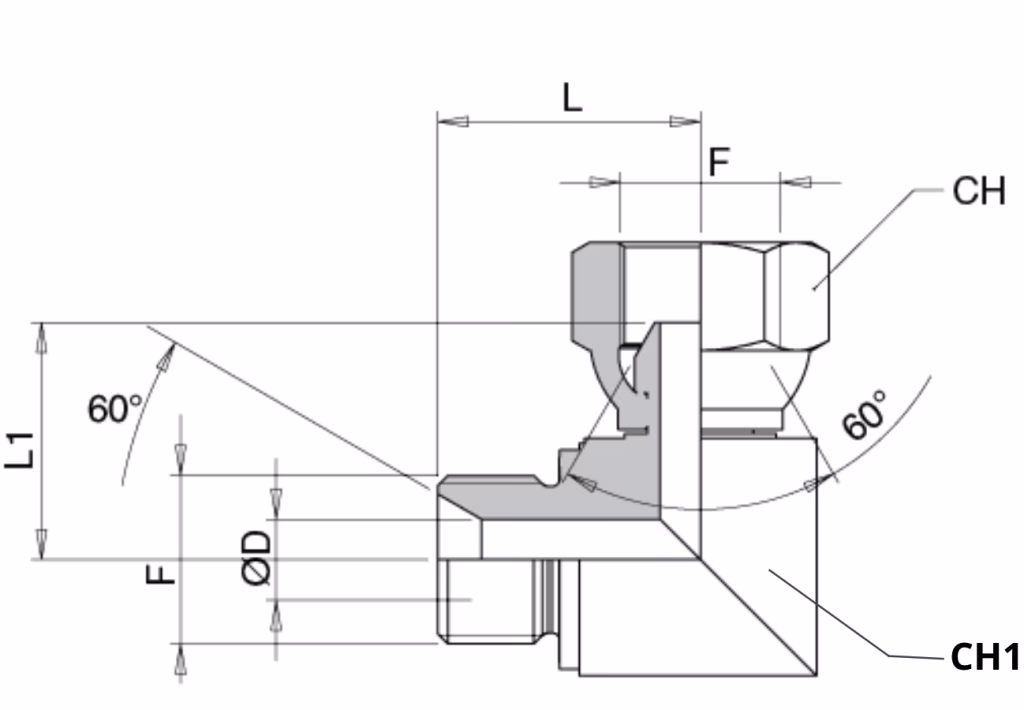 Schema Grafico UNIONE GOMITO 90° CON DADO GIREVOLE AERTUBI S.r.l.