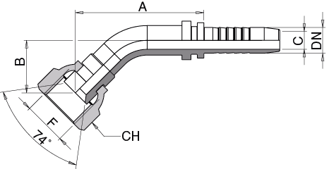 Schema Grafico FEMMINA CURVA 45° JIC – SVASATA 74° SAE J514 FILETTO UNF AERTUBI S.r.l.