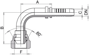 Schema Grafico DKR – FEMMINA 90° – CONO 60° FILETTO GAS CILINDRICO AERTUBI S.r.l.