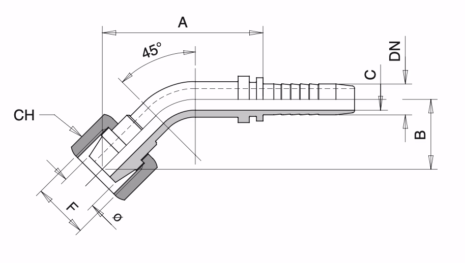 Schema Grafico FEMMINA CURVA 45° CONO 24°/60° – DIN 3868 FILETTO Métrico AERTUBI S.r.l.