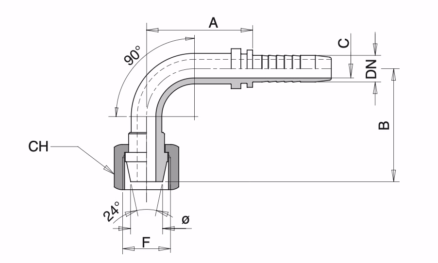Schema Grafico FEMMINA CURVA 90° Métrica CONO 24°/60° DIN 3868 AERTUBI S.r.l.