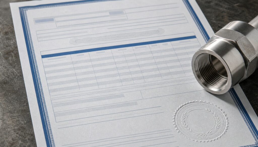 16:9 macro photography paper EN 10204 3.1 material certificate document on workshop bench with stainless steel fitting partia