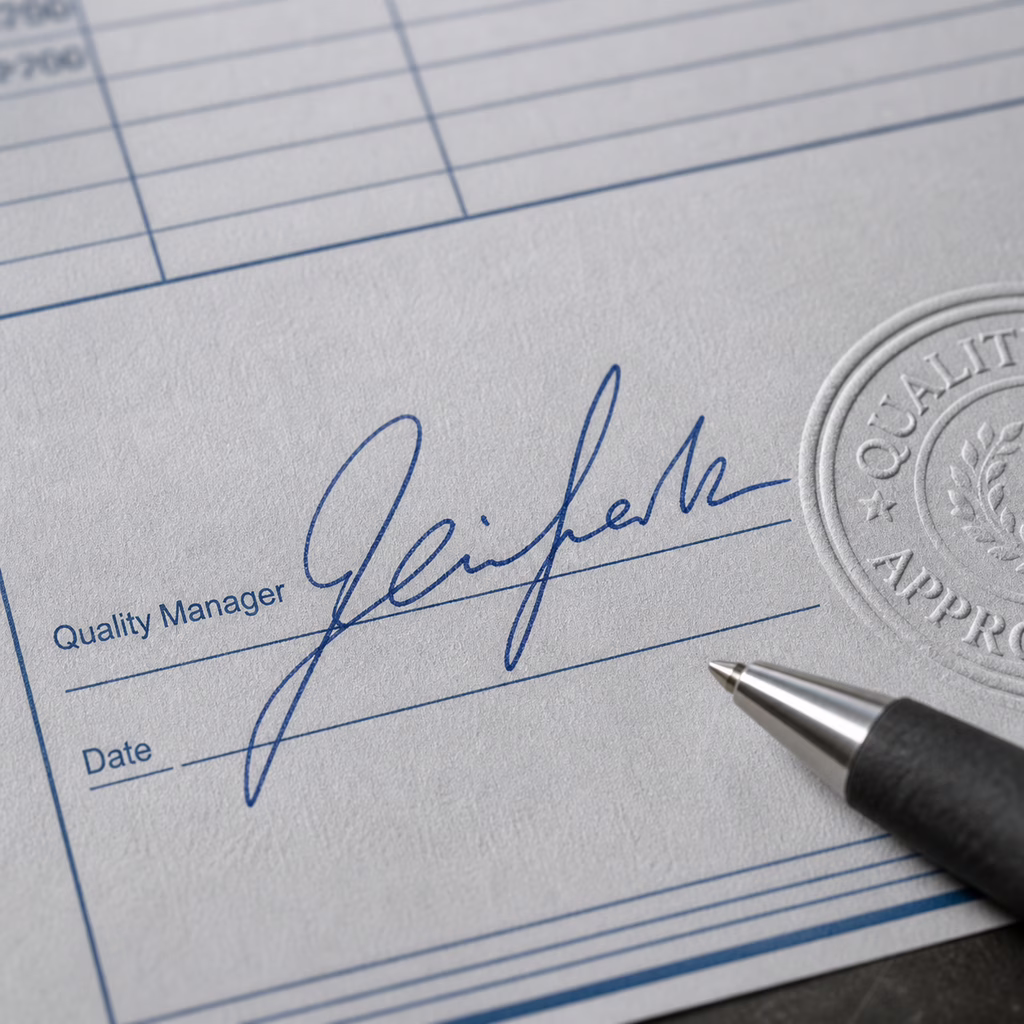 close-up signature responsabile qualità on certificate