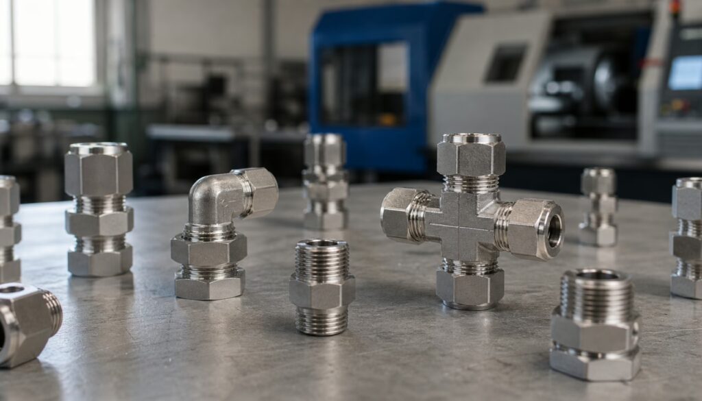 16:9 industrial macro photography, AERTUBI stainless steel 316L compression fittings arranged on a neutral light grey worksho