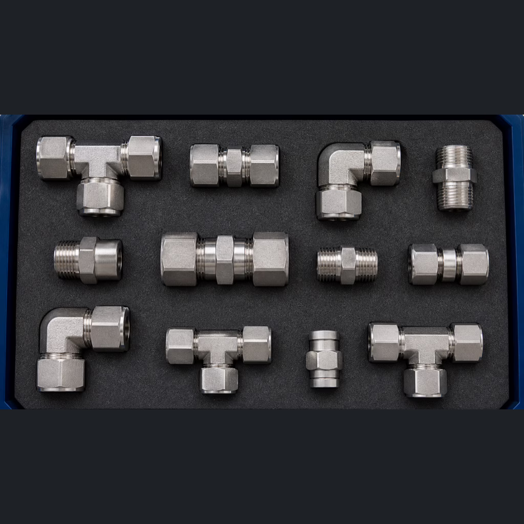 16:9 industrial close-up photography, batch of AERTUBI INOX 316L DIN 2353 cutting ring fittings laid out on dark anthracite E