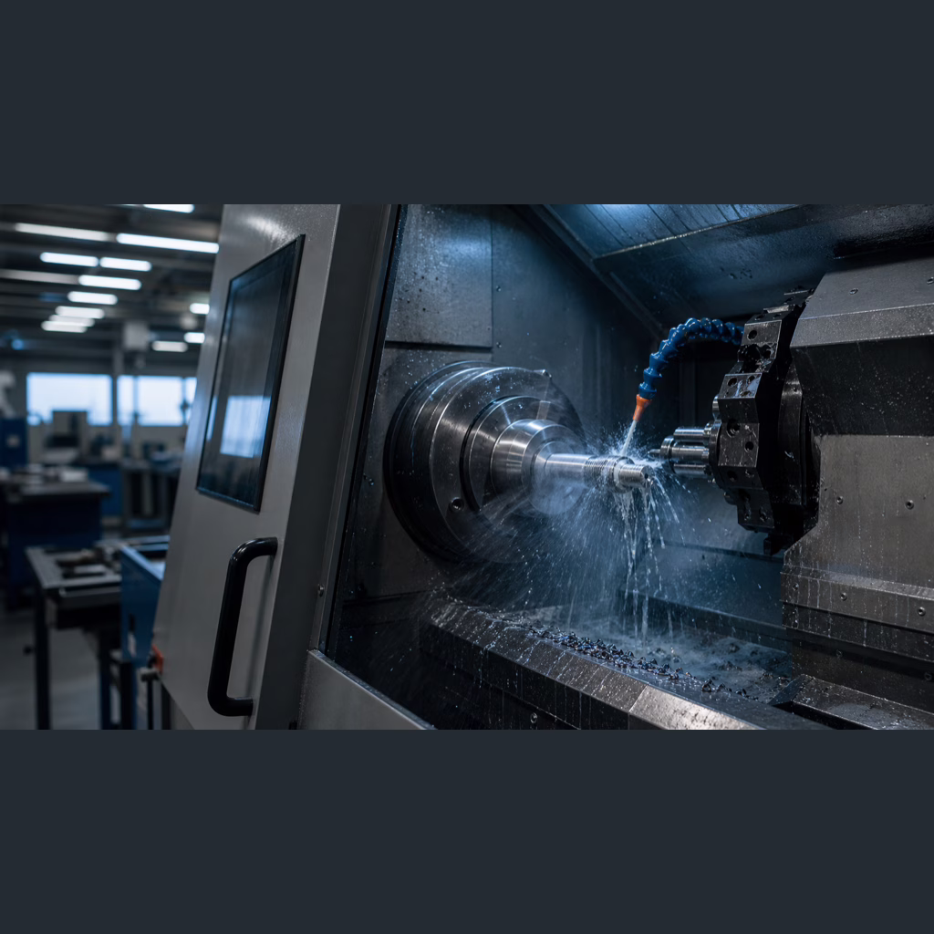 16:9 industrial environmental photograph, mid-shot of CNC lathe inside AERTUBI production hall in Villanova di Castenaso, sta
