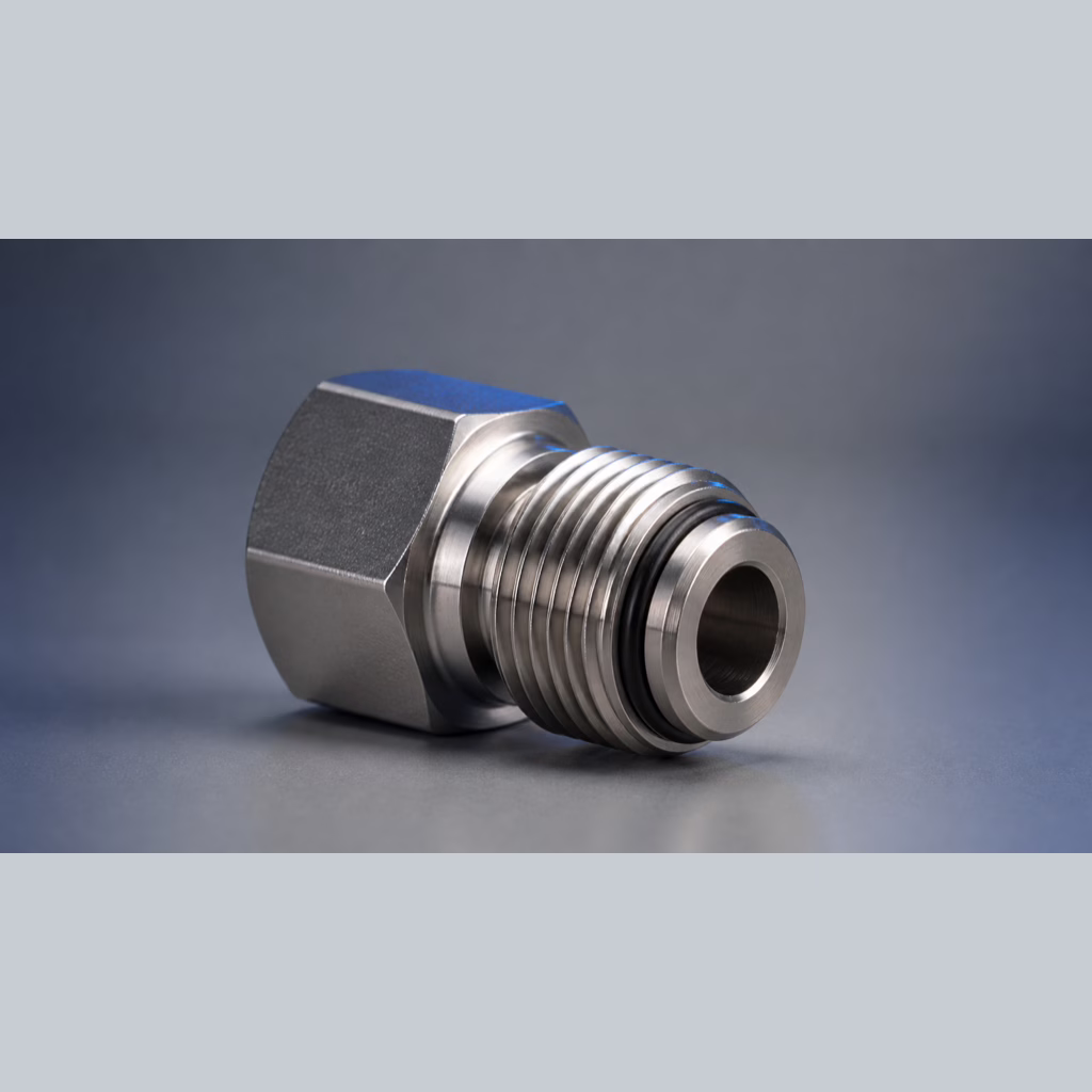 16:9 industrial product photography, single AERTUBI ORFS adapter SAE J1453 in 316L stainless steel isolated on gradient cool