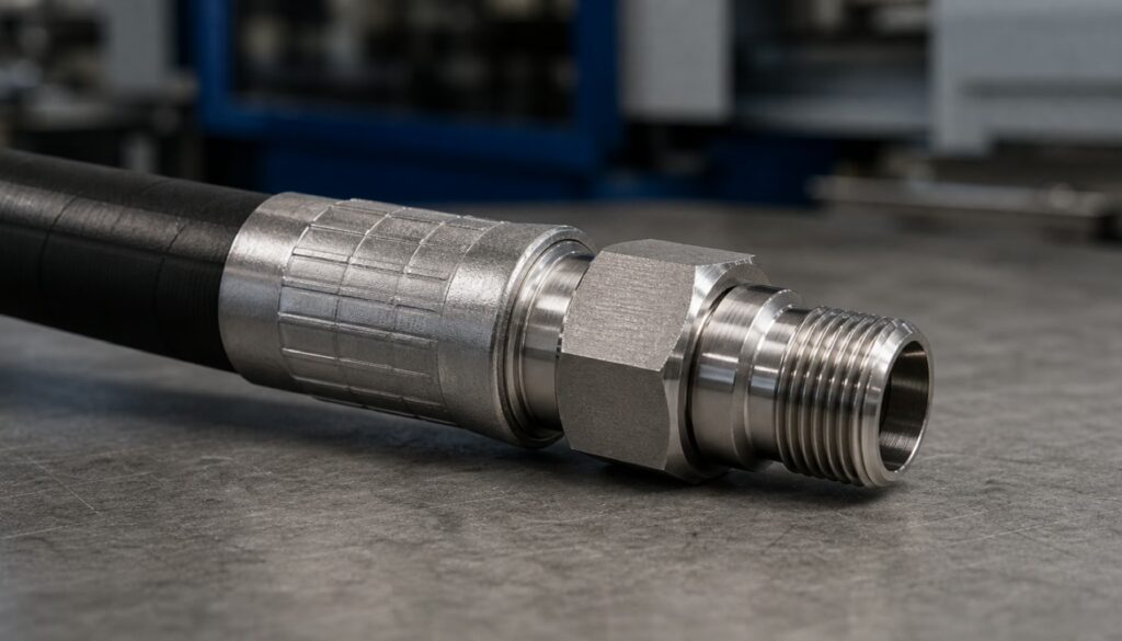 16:9 industrial macro photography, AERTUBI stainless steel 316L interlock fitting and bushing assembled on hydraulic flexible