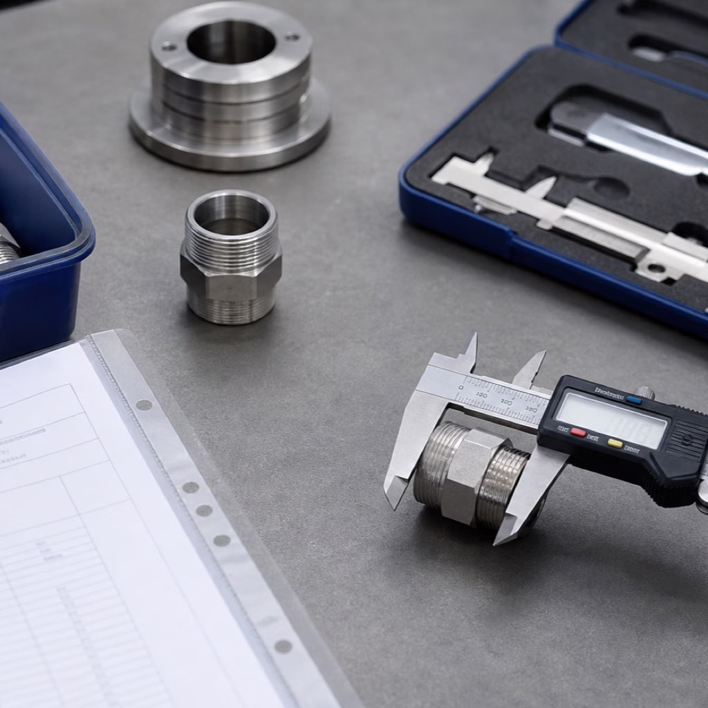 Controllo qualita su raccordi INOX AERTUBI con documentazione tecnica e certificati